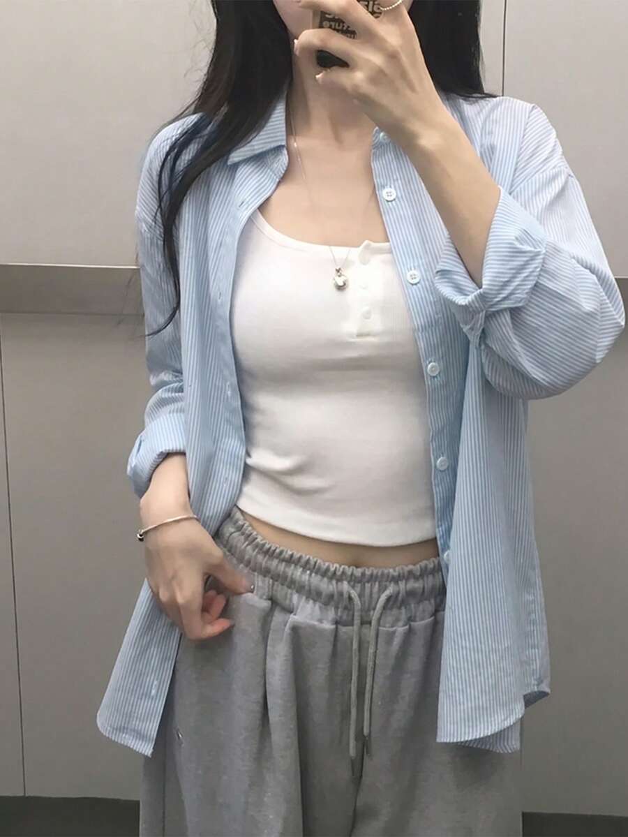 Women's Casual Versatile Striped Single-Breasted Long Sleeve Shirt - Baby Blue - View 1