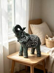 1pc Vintage Distressed Blue Elephant Statue, Upward Trunk Lucky Resin Figurine, Exquisite Mandala Pattern, Feng Shui Wealth Decor, Suitable For Entryway Console And Living Room - Multicolor 1 - View 6