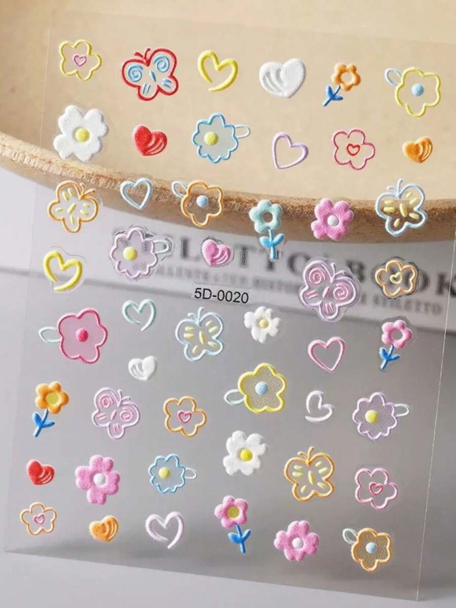 1 Set 5D Embossed Decorative Stickers, Colorful Flower Butterfly Heart Pattern, Self-Adhesive Stickers, Cute Floral Decoration, Includes Tweezers, Metal Stickers, Phone Decoration Stickers