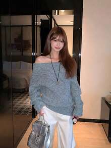 [Y6Y]Women's Off-Shoulder Sweater, Loose Minimalist Sexy Slouchy Knit Top For Autumn - Grey - View 7