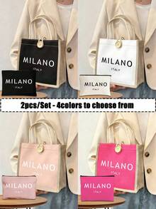 亞麻托特包套組，包含印有「MILANO ITALY」字樣的托特包與化妝包，適合婚禮、生日、海灘、假期，是送給女性、母親、老師、朋友、伴娘的完美禮物，適用於旅行、聖誕節、萬聖節與返校季 - 彩色 - 查看 4