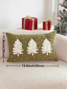 1pc Christmas Yellow Green Christmas Tree Embroidered Pillowcase, Suitable For Indoor Decoration, Christmas Decoration, All-Season Pillowcase, Without Insert - Green - View 4