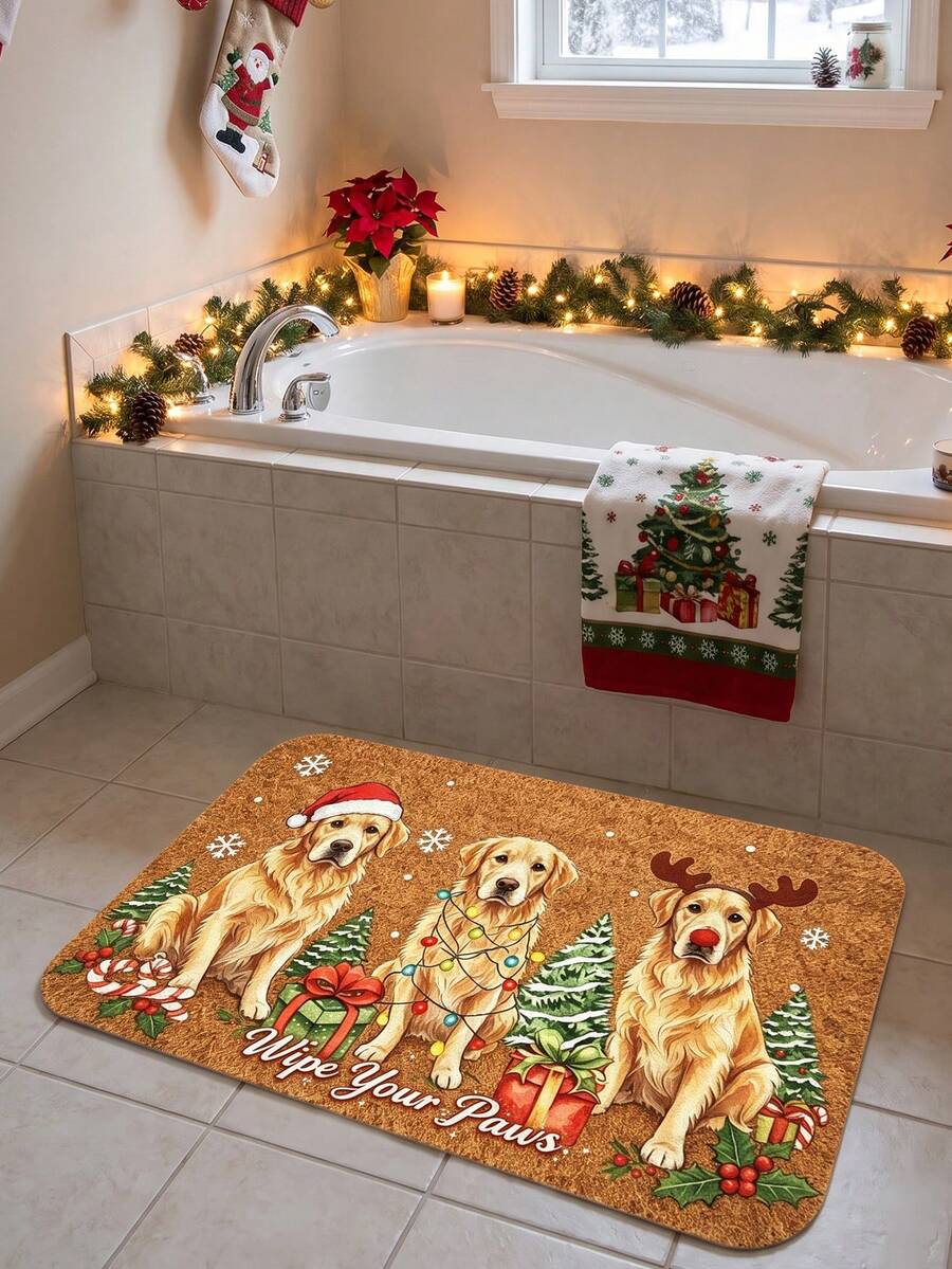 1件裝聖誕黃金獵犬門墊-節日狗狗圖案地毯,超柔軟水晶絨地毯,適用於玄關、走廊、門口、寵物區與客廳的節日裝飾地毯,聖誕裝飾地毯,寵物裝飾墊 - B - 查看 1