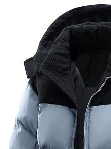 Men's Winter Hooded Padded Coat, Corduroy Patchwork, Standard Fit, Long Sleeve With Pockets - Dusty Blue - View 6