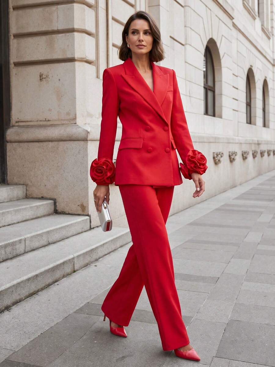 Spring/Autumn Women's Urban Elegant Solid Color Long Sleeve Blazer With 3D Floral Cuff Decor, Double-Breasted Jacket And Straight Leg Pants Red Fall - Red - View 1