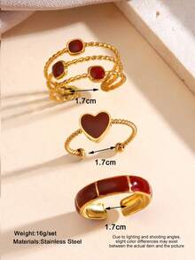 3pcs/Set 18K Gold Stainless Steel Jewelry Set, Red Enamel Heart, Square And Bamboo Design Rings, Suitable For Women Shopping, Party And Dating - Multicolor - View 4