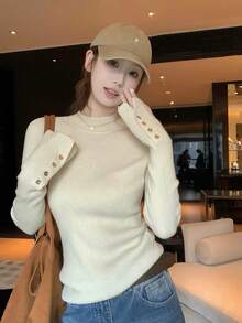 Seamless Half-High Neck Button-Up Slim Fit Women's Autumn Tight Knit Base Layer Sweater - Khaki - View 1