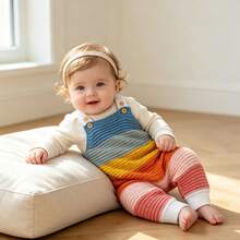 1pc Baby Girl Rainbow Striped Patchwork Knit Sleeveless Romper, Soft & Comfortable All-In-One Jumpsuit For Baby Girls - White - View 2