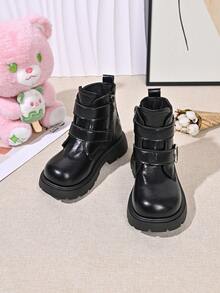 Kids Autumn/Winter Stylish Ankle Boots With Double-Row Button Decor, Thick Sole, Durable, Simple Retro High-Top Boots For Girls - Black - View 2