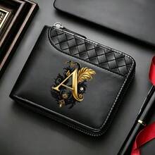 Men'sWallet A-Z26surnameinitialspatternBlack,ZipperClosure,Multiple CardSlots,Large Capacity,Stitching Design-Perfect Gift For Father,Husband,Brother - Black - View 21