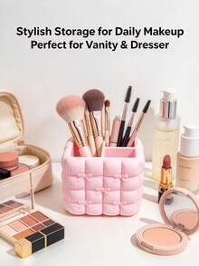 Cute Bow Puff Makeup Brush Storage Holder, Divided Compartment Cosmetic Organizer, Vanity Makeup Tool Container, Desktop Pen Cup For Students, Aesthetic Desktop Storage Box, Dresser Decor, Pretty Makeup Organizer - Multicolor - View 9