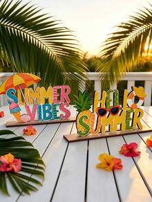 1/2件夏季木製桌面裝飾套組 -「Summer Vibes」與「Hello Summer」熱帶海岸風木製派對裝飾，適用於客廳咖啡桌、臥室窗台、餐桌與廚房檯面 - 彩色 - 查看 1