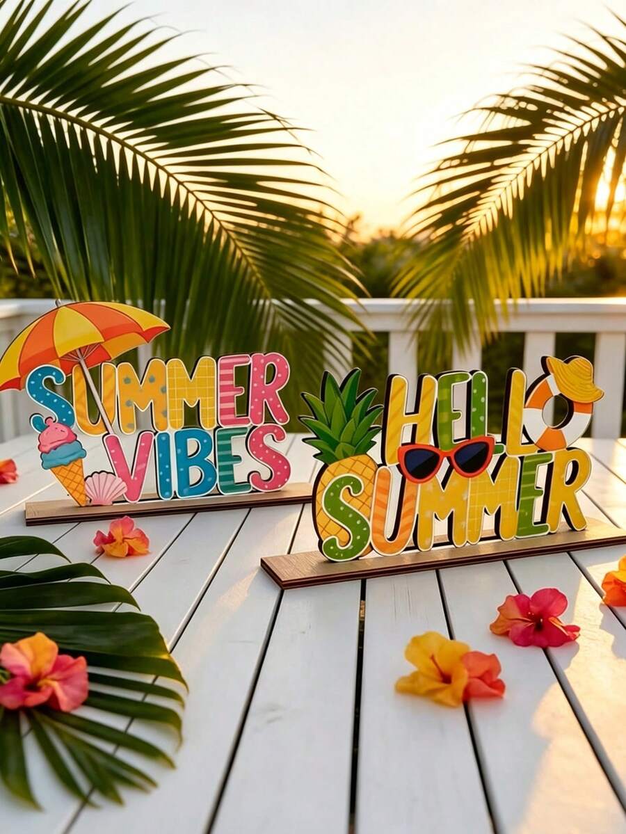 1/2件夏季木製桌面裝飾套組 -「Summer Vibes」與「Hello Summer」熱帶海岸風木製派對裝飾,適用於客廳咖啡桌、臥室窗台、餐桌與廚房檯面 - 彩色 - 查看 1