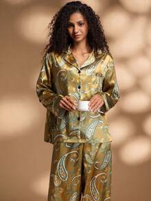 2pcs Women's Lapel Long Sleeve Top And Pants Pajama Set, Cashew Flower Print - Olive Green - View 3