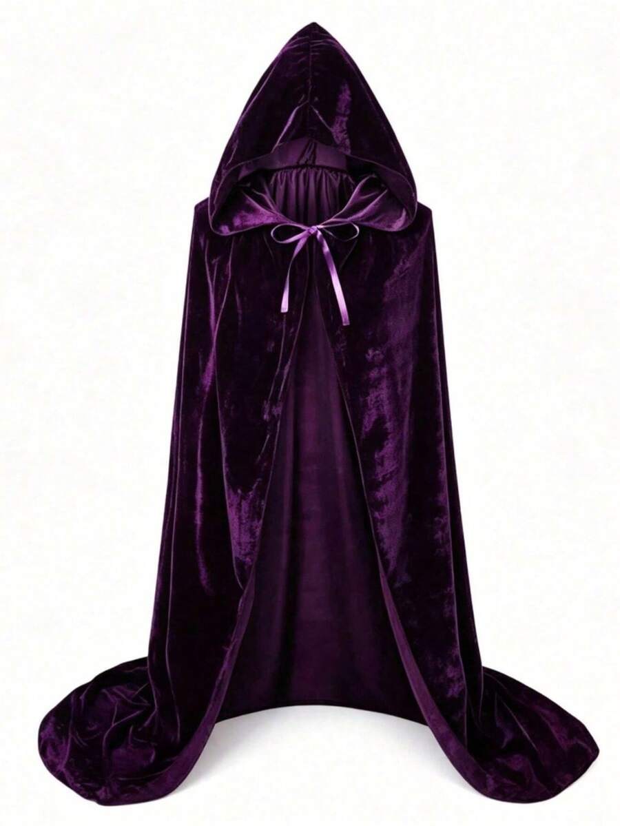 1pc Deep Purple Velvet Hooded Cloak, Full Length Witch Wizard Cape With Ribbon Tie, Halloween Costume Party Outfit - Purple - View 1