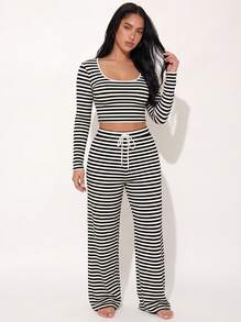 2pcs Women's Round Neck Striped Long Sleeve Top + Elastic Waist Long Pants Pajamas Loungewear Set - Black - View 8