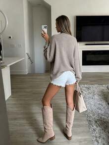 FOR BEAUTY Women's Autumn/Winter Cardigan Y2K Fashion Khaki Round Neck Front Button Knit Jacket Basic Business Casual Commute Outerwear Set - Khaki - View 5