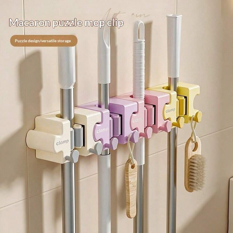 Soporte de Fregona Colorido, Gancho de Pared para Baño, Almacenamiento Colgante y de Pared sin Taladro - A - Ver 1