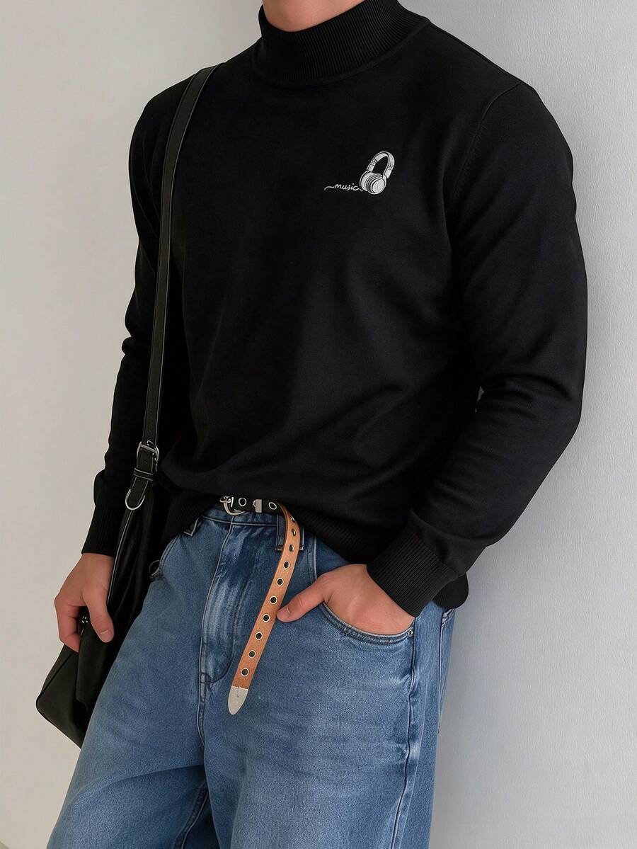 ALTZTAR Men's Solid Color Embroidered Mock Neck Long Sleeve Sweater - Black - View 1