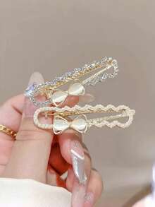 1/2PCS French Elegant Bow Alligator Hair Clip Minimalist Rhinestone Small Hair Clip Versatile Fashion Bangs Side Clip Women Hair Accessory - Multicolor - View 8