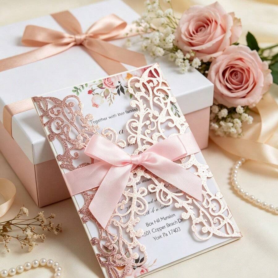 20pcs Gold Glitter Hollow Rose Design Wedding Invitations, Includes Envelopes And RSVP Cards, Pre-Tied Ribbons, Suitable For Weddings, Bridal Showers, Engagement Parties, Anniversaries, Best Gift - one-size - View 1