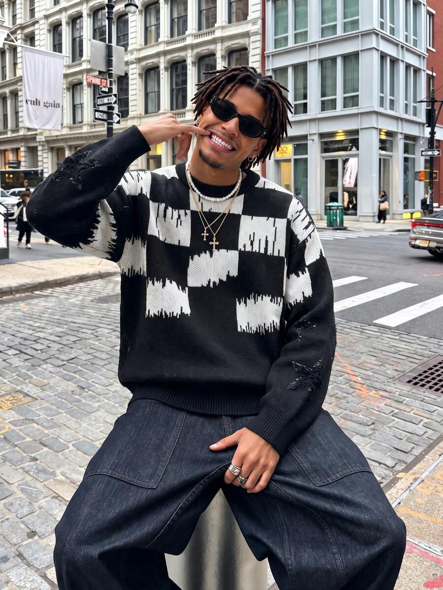 ANDREILEE Checkered Pattern Streetwear Unisex Sweater, Suitable For Autumn And Winter - الأسود - مشاهدة 1