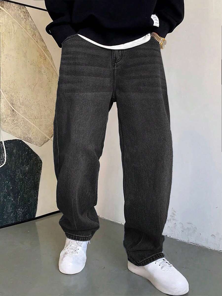 Hearty Haven 1pc Japanese Style Refreshing Versatile Washed Casual Wide Leg Loose Straight Leg Denim Jeans For Men - Kindly Check Size Chart - Black - View 1