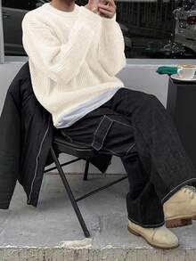 男士秋冬基礎素色休閒修身輕量透視聚酯纖維小鹿皮紋理小眾設計長袖落肩圓領套頭針織衫 - 杏色 - 查看 4