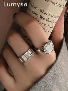 2pcs Old Money Style Casual Fashion Geometric Ring Set Suitable For Women's Daily Commute Wear - Silver - View 1