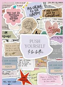 50pcs Inspirational Motivational Quote Stickers Pack, Mixed Color Paper Texture Encouragement Stickers, PVC Waterproof Self-Adhesive Stickers, Suitable For Planner, Notebook, Laptop, Water Bottle, Gift Box And Daily Decoration - Multicolor - View 1