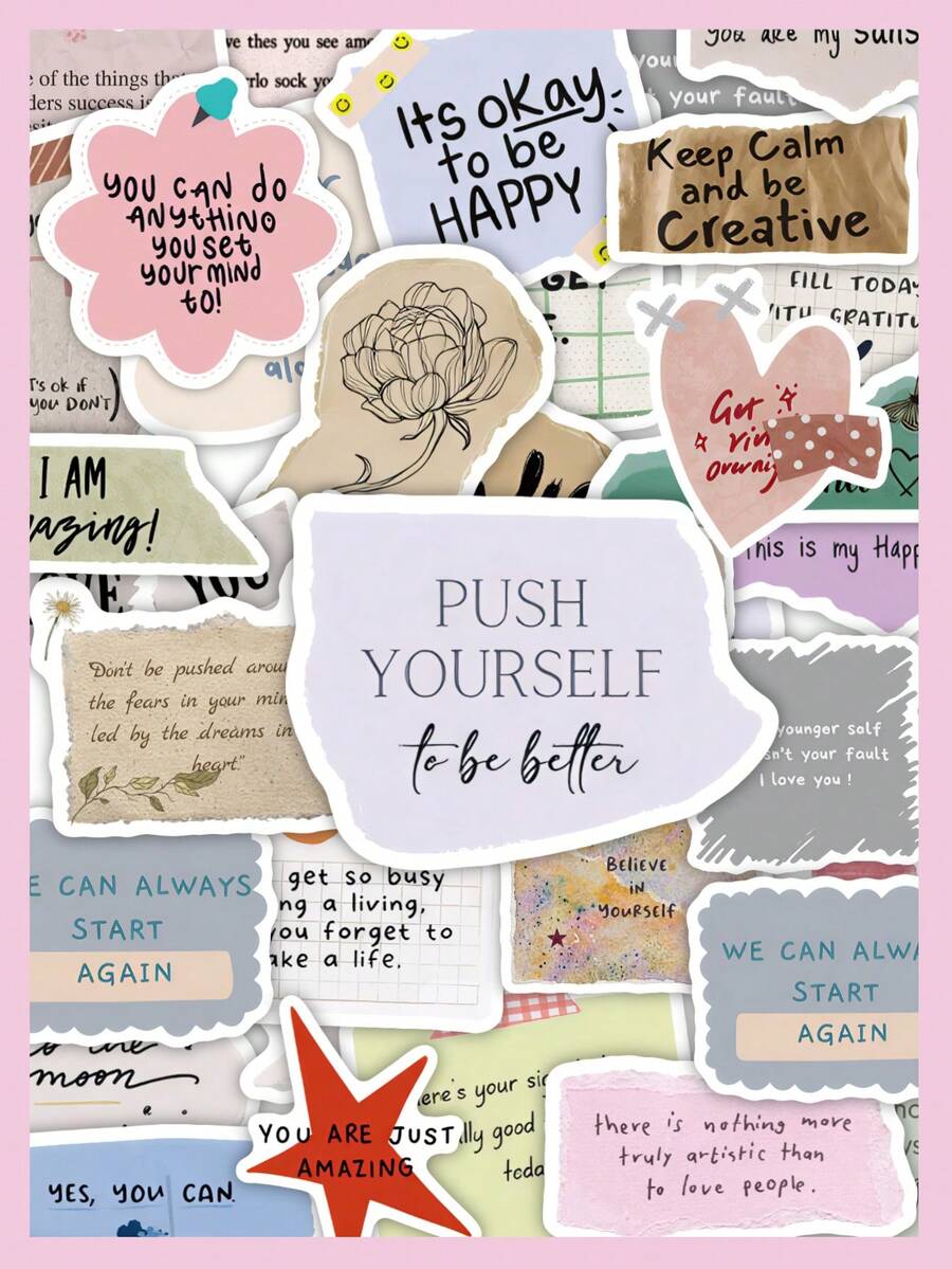 50pcs Inspirational Motivational Quote Stickers Pack, Mixed Color Paper Texture Encouragement Stickers, PVC Waterproof Self-Adhesive Stickers, Suitable For Planner, Notebook, Laptop, Water Bottle, Gift Box And Daily Decoration - Multicolor - View 1