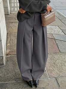 Women's Solid Color Pleated Casual Versatile Daily Wear Long Pants - Grey - View 2