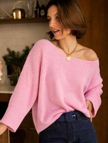 Women's Plus Size Cold Shoulder Batwing Sleeve Knit Sweater, Loose Fit Ribbed Pullover, Casual Streetwear Vacation Outfit For Autumn/Winter - Pink - View 1