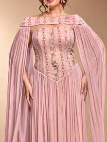 VIPGIRL Plus Size Off-Shoulder Cape Sleeve Heavy Beaded Evening Gown, Chiffon Draped Long A-Line Dress, Wedding Guest Formal Party Dress - Pink - View 3