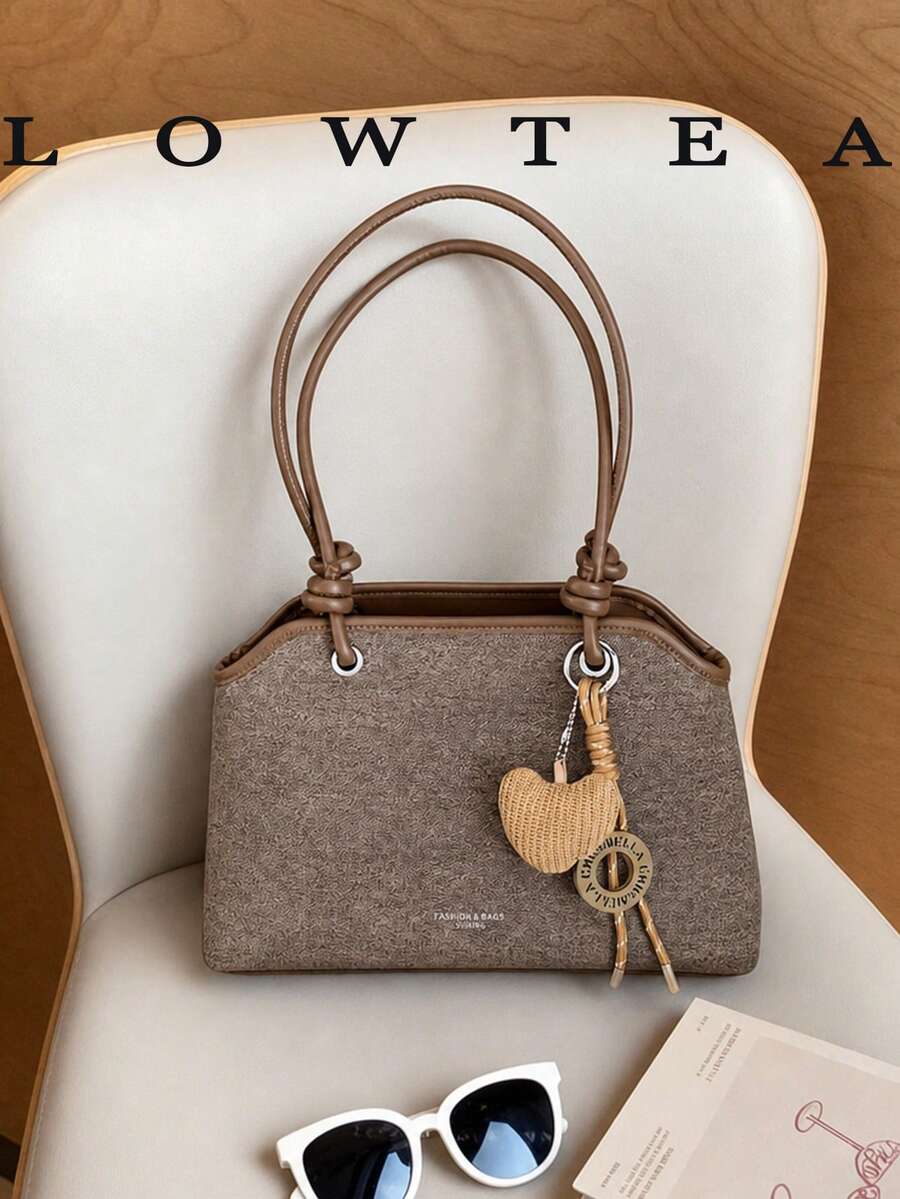 Low Tea 1件純色PU布料女款復古時尚休閒單肩包，雙手柄設計，拉鍊開合，適合日常出行、約會、通勤，附吊飾