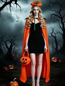 Halloween Pumpkin Theme Party Cape Set With Pumpkin Headband And Candy Bag, Perfect Halloween Holiday Costume Gift, Party Outfit - Multicolor - View 2