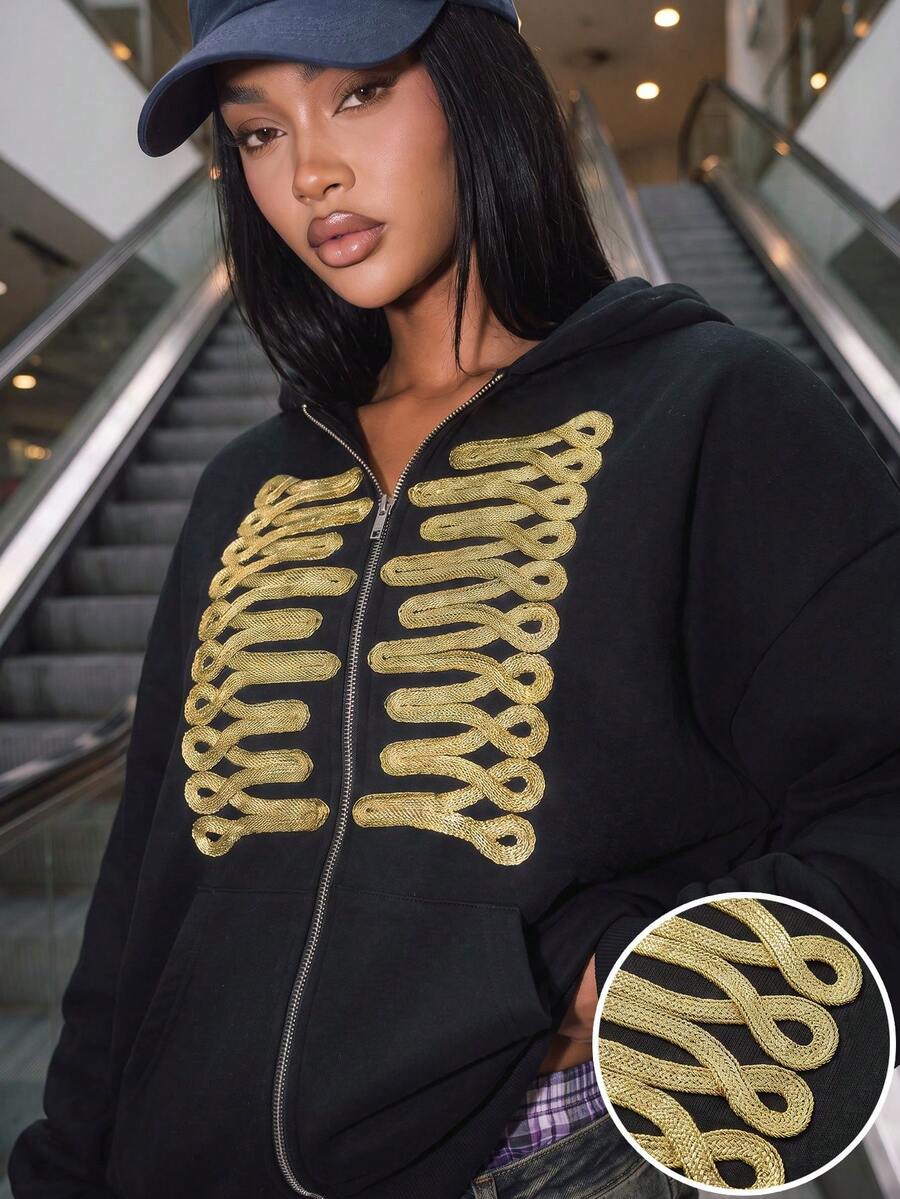 Women's Fleece Napoleon Tape Zip-Up Pocket Oversized Hoodies For Fall/WinterDaily,Napoleoncore,Hussar,Fall Winter Clothes,Winter Fall Outfit,Going Out - Black - View 1