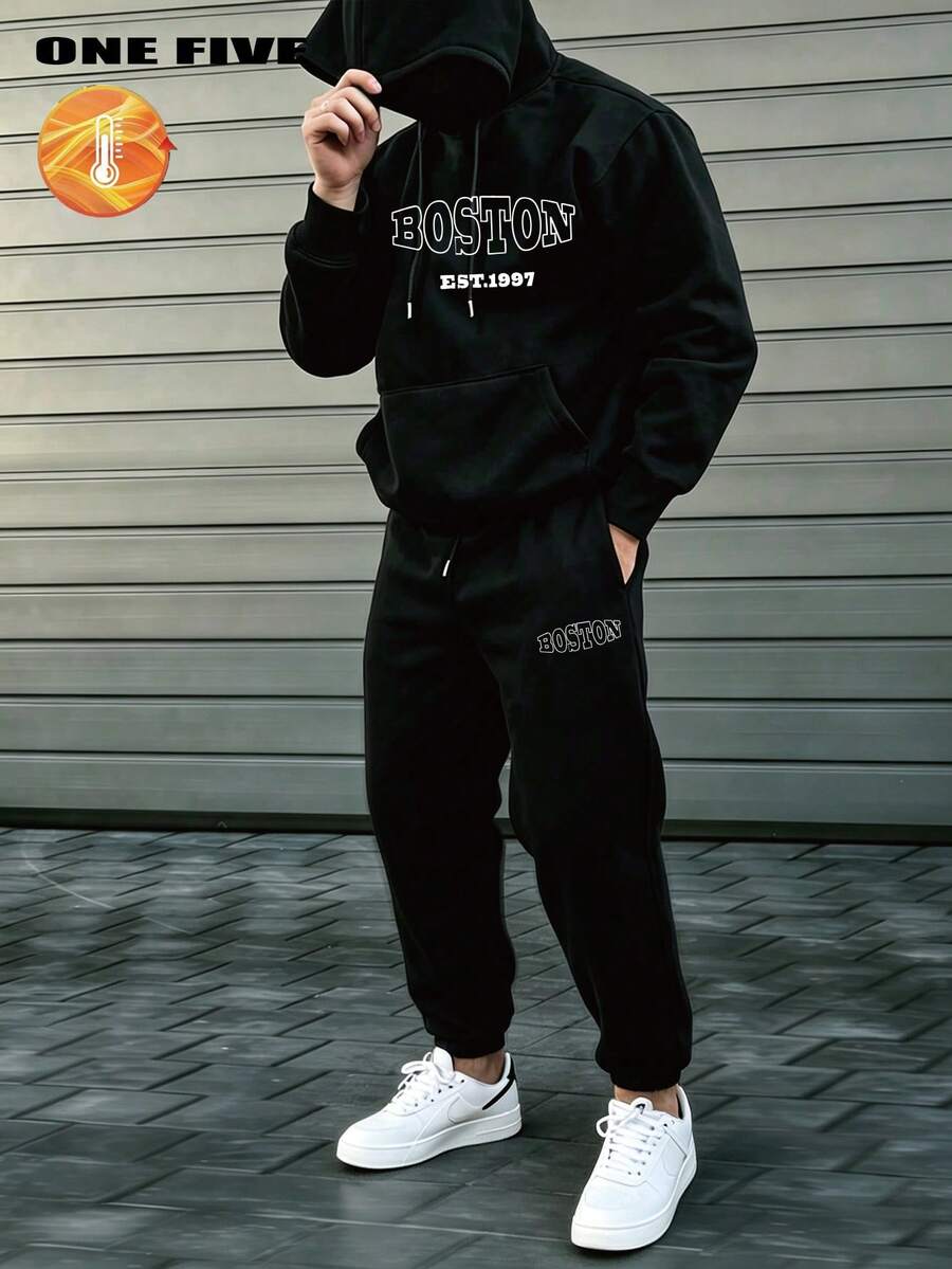 Plus Size Men's Boston Letter Print Casual Hoodie & Pants Set - Black - View 1