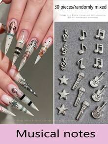 30pcs Random Assorted Music Theme Metal Note Nail Art Decor, Wearable Nail DIY Accessories, Y2K Sweet Cool Punk Star Microphone Guitar Nail Charms - Multicolor - View 3