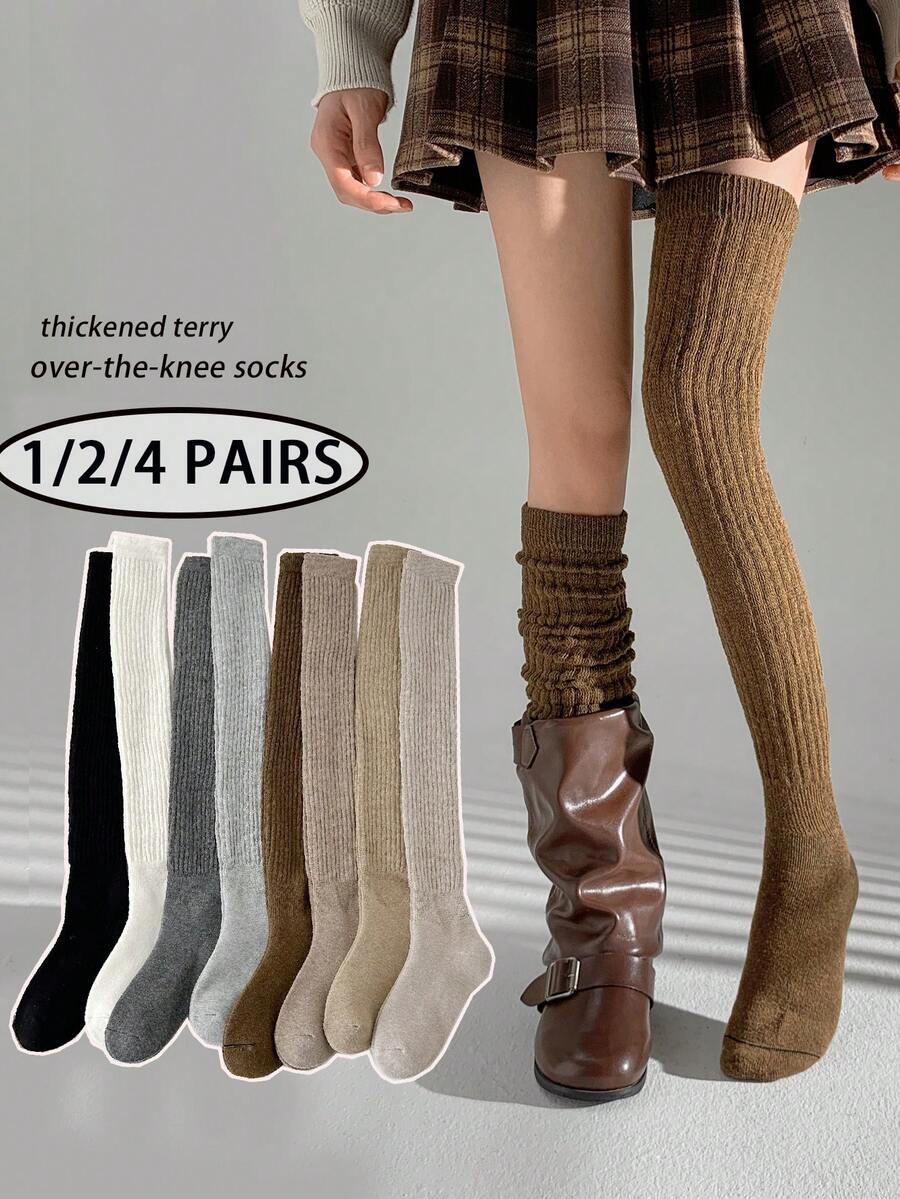 1/2/4 Pairs Women's Over-The-Knee Socks, Thickened Warm Double-Needle Solid Color Minimalist Thigh High Socks For Autumn/Winter, Can Be Paired With Boots, Daily Wear - Multicolor - View 1