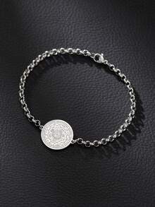 Retro Stylish Stainless Steel Bracelet For Men, Round Tag With Geometric Engraving, Daily Wear & Gift Jewelry - Silver - View 2