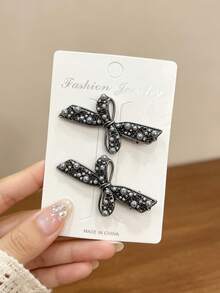 2pcs Gun Gray Bow Pearl Rhinestone Duck Bill Hair Clips For Women, Luxury Wedding Banquet Hair Accessories - Multicolor - View 1