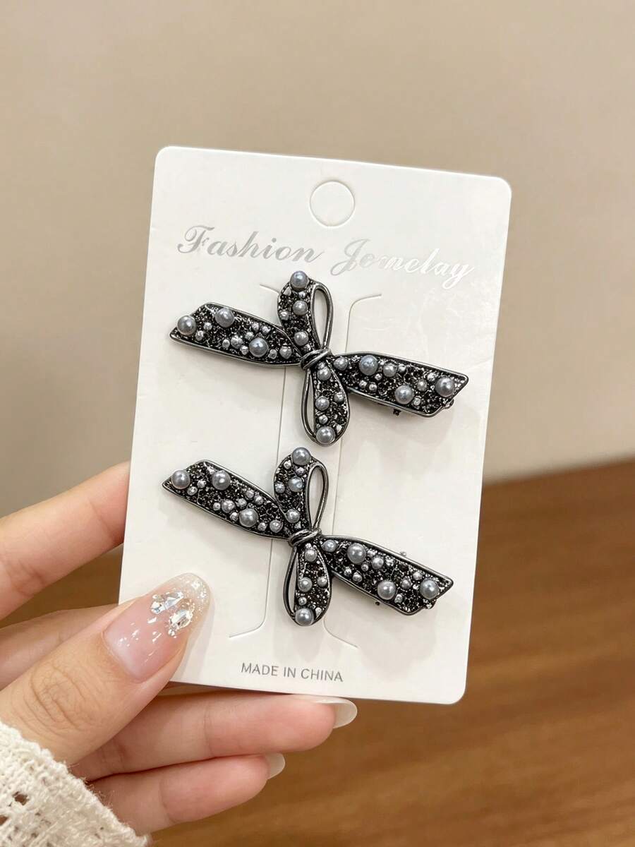 2pcs Gun Gray Bow Pearl Rhinestone Duck Bill Hair Clips For Women, Luxury Wedding Banquet Hair Accessories - Multicolor - View 1