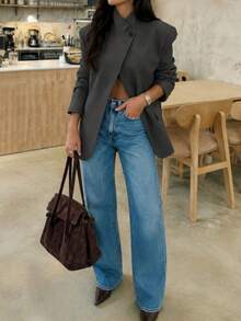 Blazer Kasual Wanita Warna Abu-abu Gelap Elegan dengan Kerah Asimetris untuk Musim Semi, Gugur, dan Musim Dingin, Gaya Vintage, Cocok untuk Bepergian dan Pakaian Kantor - Grey - View 2