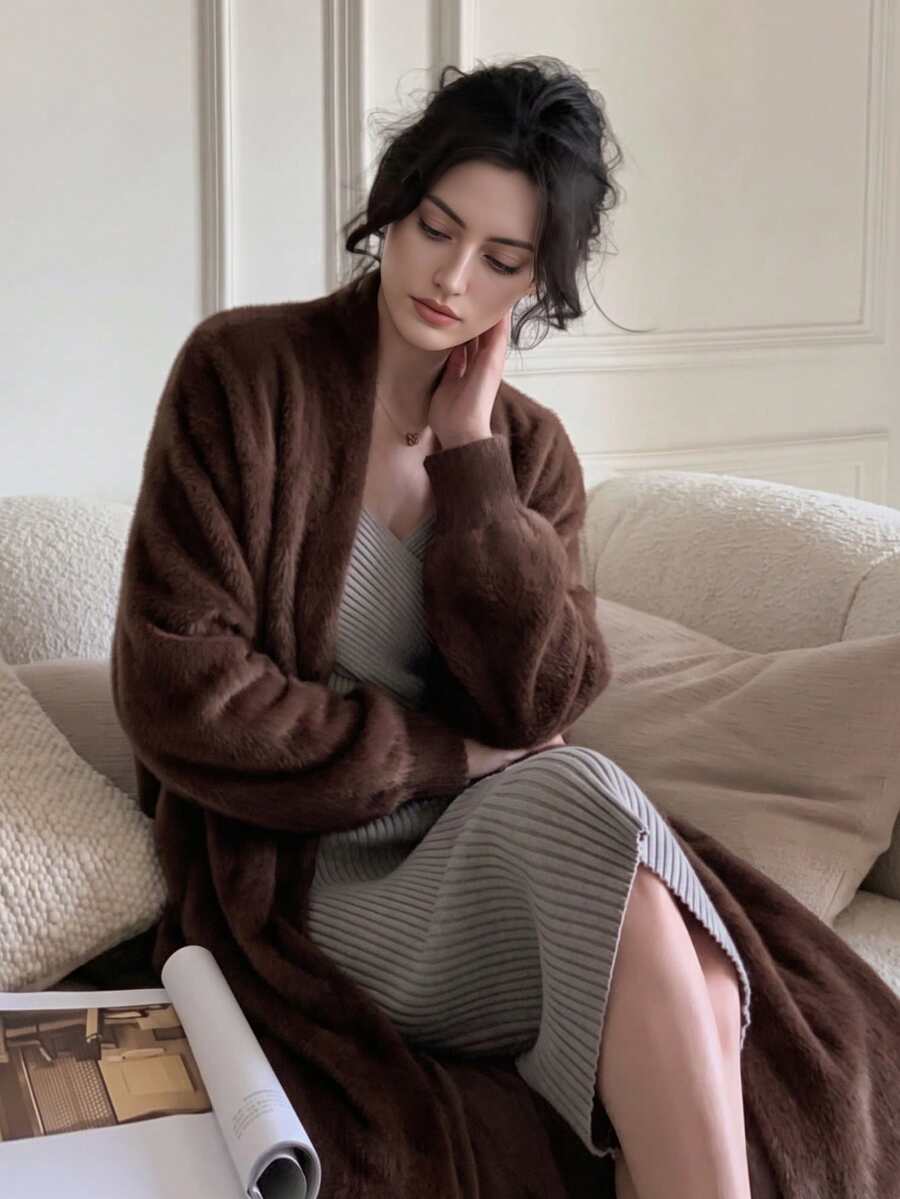 's Long Sleeve Elegant Fuzzy Knit Cardigan Sweater, Front Open Casual Loose Fashion Old Money Style Jacket - Brown - View 1