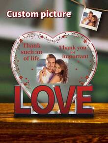 1pc Custom Personalized Photo Heart Shaped Desktop Plaque, Custom Photo Text, LOVE 3D Letter Base With Floral Heart Border Design,Bedroom Living Room - Red - View 1