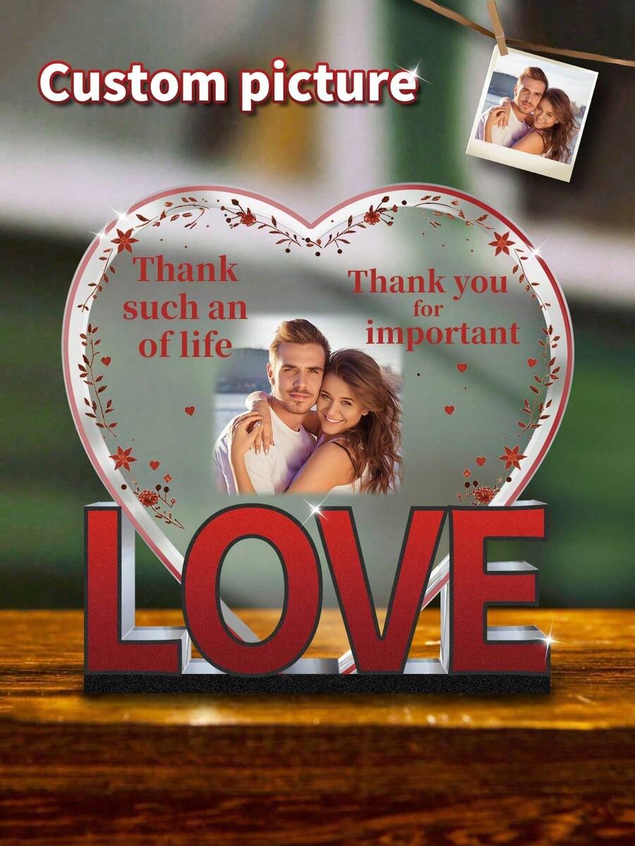 1pc Custom Personalized Photo Heart Shaped Desktop Plaque, Custom Photo Text, LOVE 3D Letter Base With Floral Heart Border Design,Bedroom Living Room - Red - View 1
