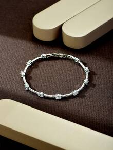 1pc Classic Elegant Faceted Oval Zirconia Bracelet With Micro-Pave Diamonds, Silver Tone, Daily Layering Accessory, Gift Matching - Silver - View 5