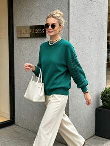 Pull tricoté élégant pour femmes de couleur unie avec épaules tombantes et torsades, Top tricoté décontracté à manches longues et col rond, tricot de mode quotidien pour l'automne/l'hiver - Vert - Voir 2