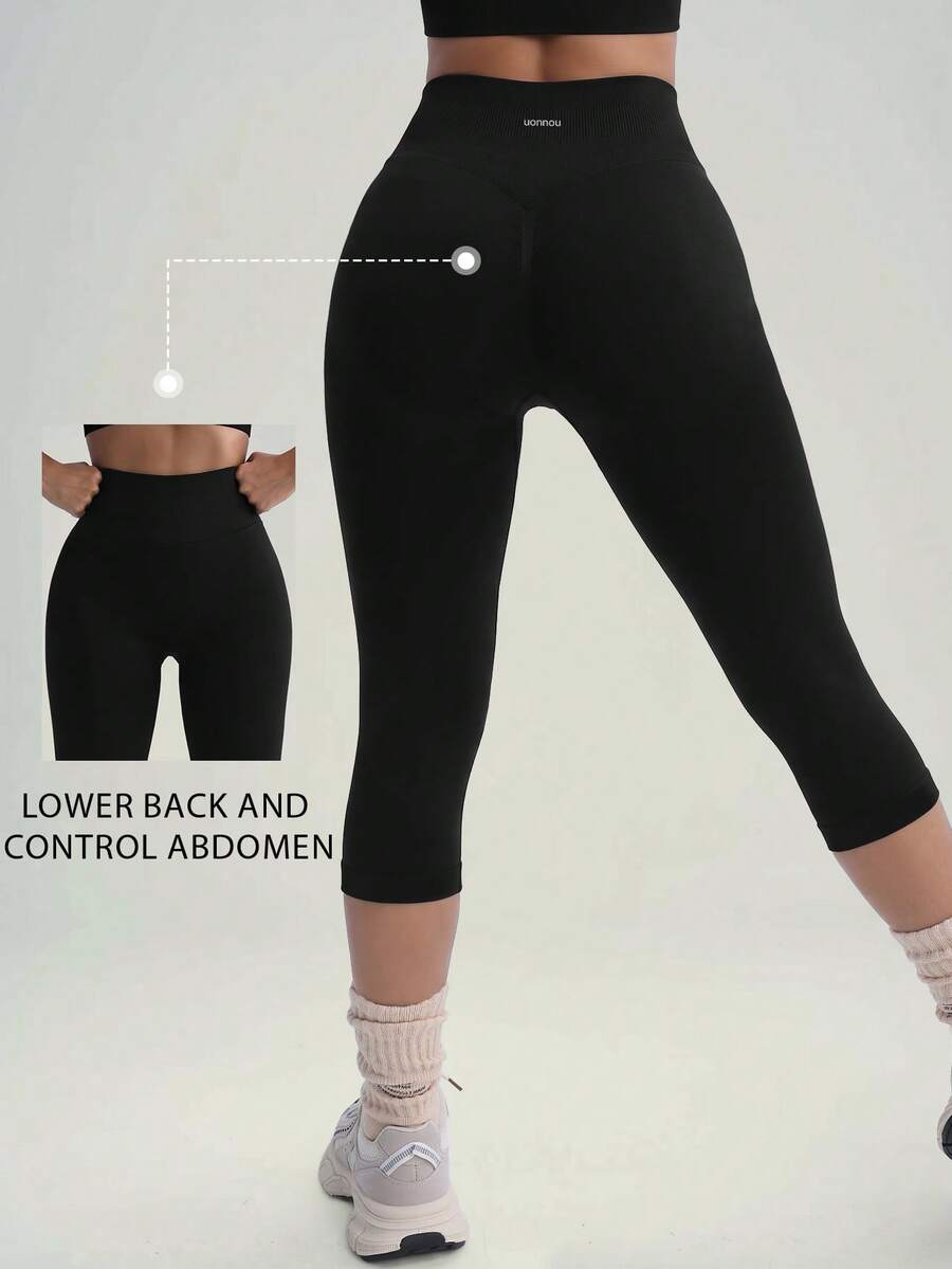 UONNOU 1pc Women's Spring/Summer Sports Shaping Tight Mid-Length Shorts, Peach Butt Lift, Waist & Tummy Control, Hot Girl Style Black - Black - View 1